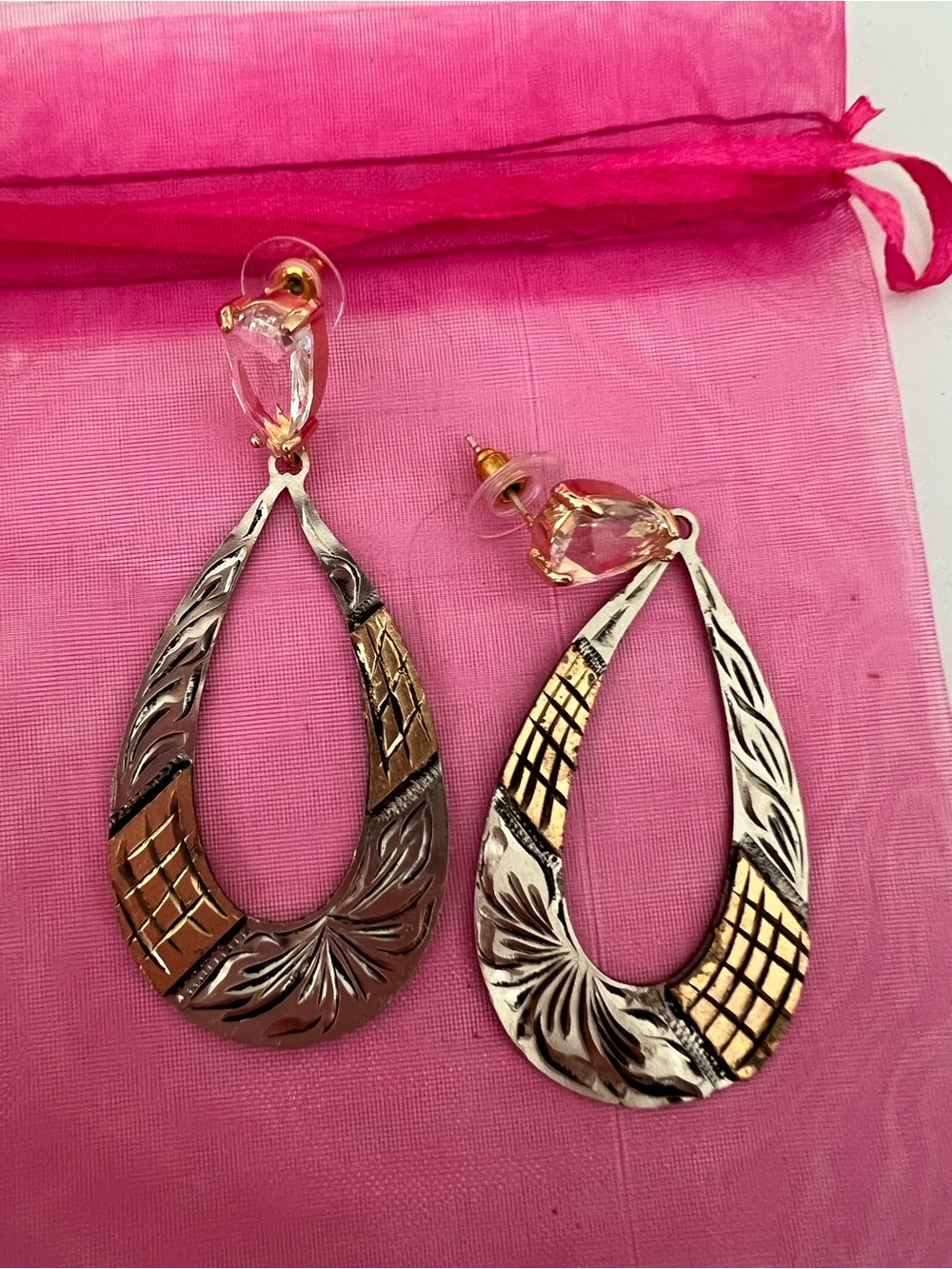 The Rowdy Rose handmade Two-Tone Teardrop Dangle Earrings Crystal Accent